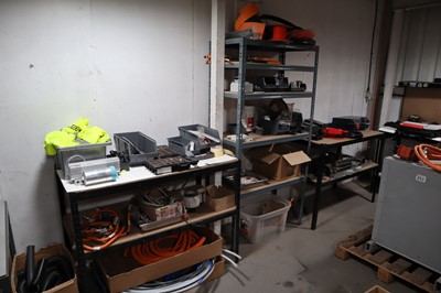Lot 252 - 2 work benches plus medium duty shelf...