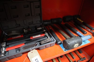 Lot 163 - 2 shelves of panel beating tools, rubber...