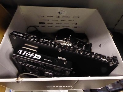 Lot 2323 - Box containing various pedals, microphones,...