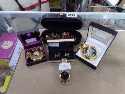 Lot 2450 - Shelf containing pocket watches, Pierce watch,...