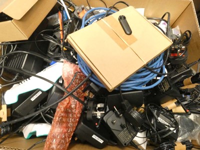 Lot 2414 - Box containing quantity of cables, leads and PSUs