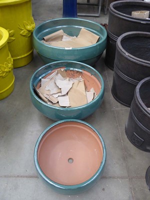 Lot 4299 - 3 glazed shallow terracotta garden pots