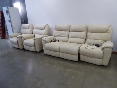 Lot 5045 - Cream leather effect 3 seater sofa plus a pair...