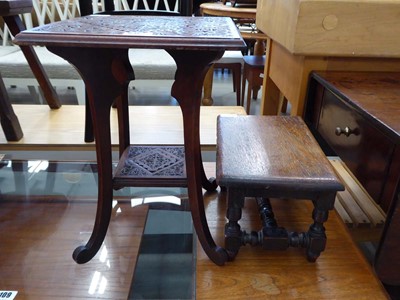Lot 5108 - Heavily carved 2 tier side table, plus oak stool