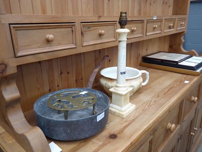 Lot 5203 - Brass trivet, a cooking pot chamber pot and...