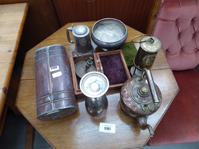 Lot 5160 - Copper kettle, miners lamp, Victorian foot...