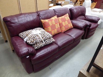 Lot 5245 - Maroon leather effect 3 seater sofa plus a...