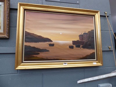 Lot 5400 - Modern oil on canvas, moonlit harbour scene