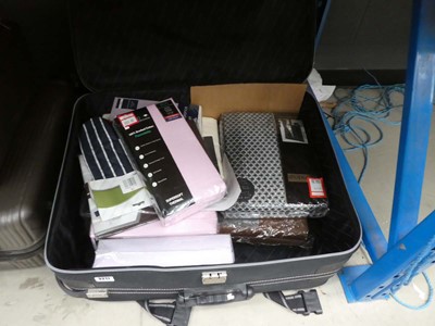 Lot 3217 - Large fabric suitcase plus curtains, bedding...