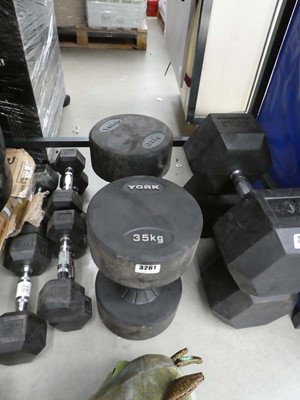 Lot 3261 - Pair of York 35kg dumbbells plus a pair of 5kg...