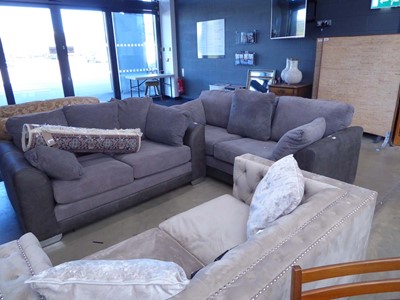 Lot 5425 - Grey suede effect and cord 3 seater sofa plus...