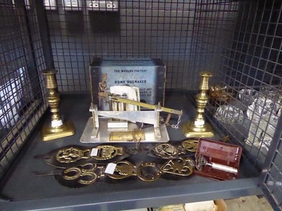 Lot 5565 - Cage of horse brasses, candlesticks airline...