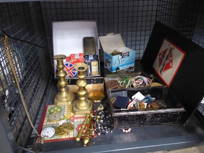 Lot 5622 - Cage containing glass candlesticks, costume...
