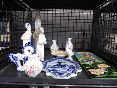 Lot 5632 - Cage containing Delft tray and tile, Lladro...