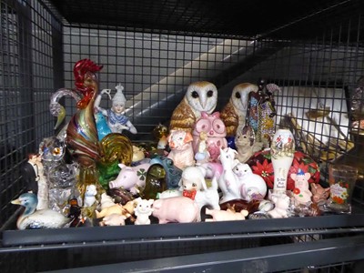 Lot 5594 - Cage of owl and pig ornaments plus glass...