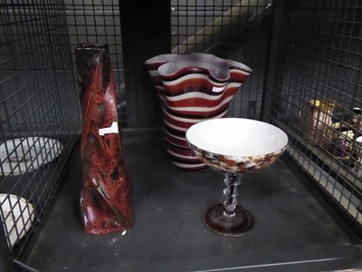 Lot 5598 - Cage of red glass vases plus striped vase and...