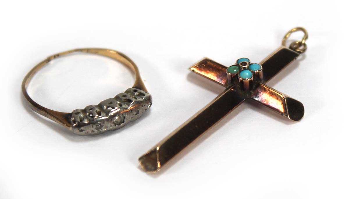 Lot 564 - A 9ct yellow gold cross pendant set turquoise,...