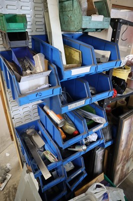 Lot 41 - Rack of blue plastic linbins and contents...
