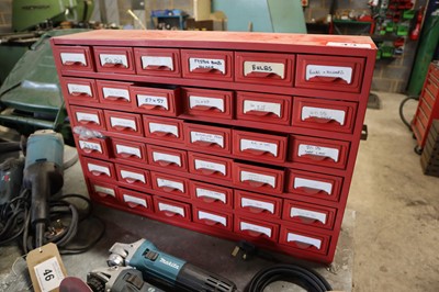 Lot 43 - Red steel 36 drawer parts cabinet