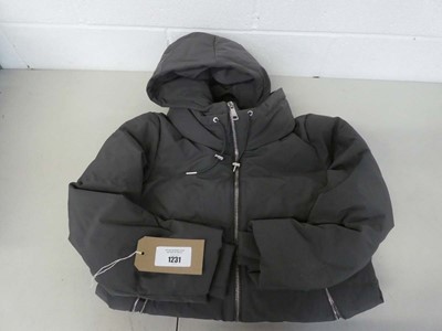 Lot 1231 - Long DKNY hooded puffa coat in grey size medium