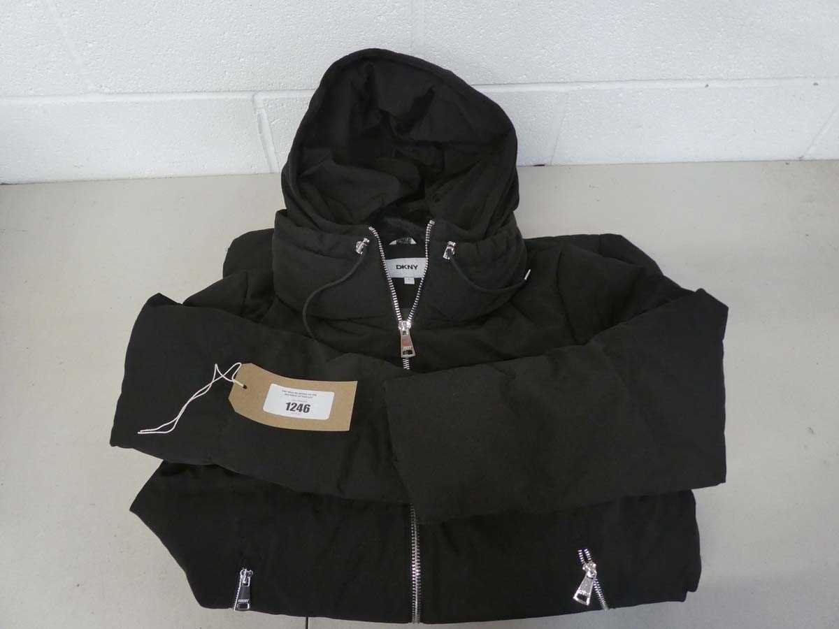 Lot 1246 - DKNY long hooded coat in black size L