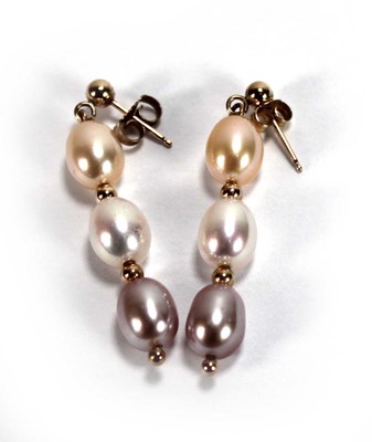 Lot 627 - A pair of yellow metal ear pendants, each set...