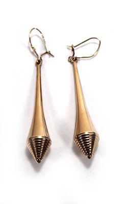 Lot 646 - A pair of 9ct yellow gold ear pendants of...