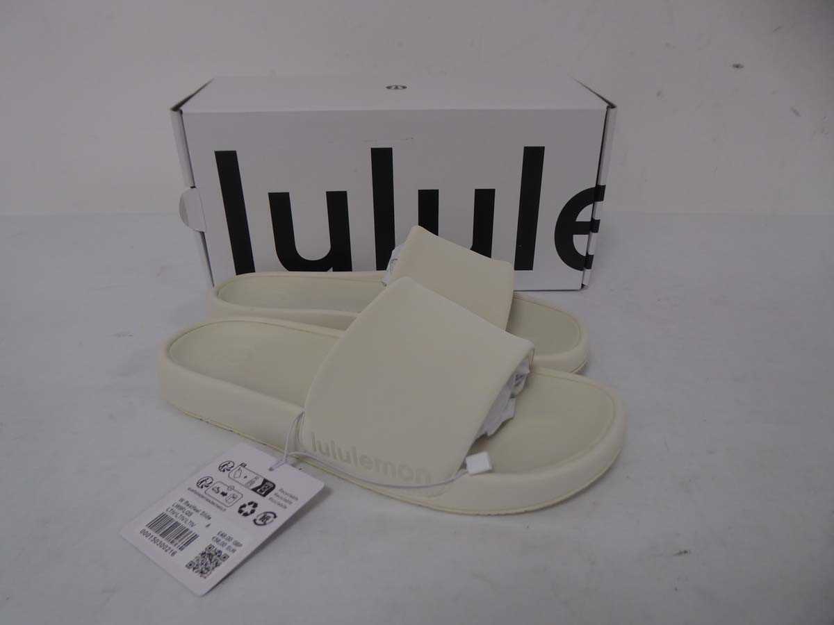 Lot 1100 - Lulu Lemon restfeel slides in beige size UK5.5...