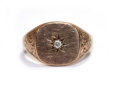 Lot 655 - A 9ct yellow gold signet ring set small...