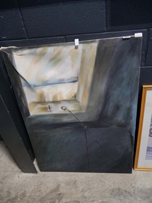 Lot 1424 - Unframed acrylic on canvas of window in dark...