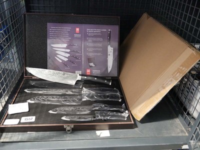Lot 1557 - Cased Damascus 5 piece knife set