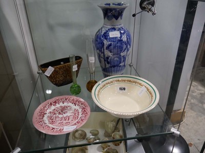 Lot 1570 - 2 slender coloured glass vases, blue and white...