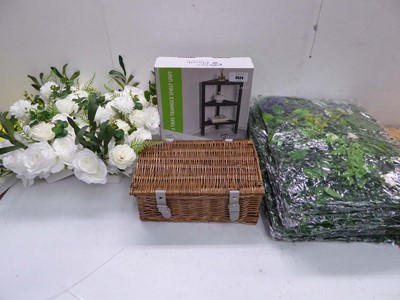 Lot 3524 - 3 tier triangle shelf unit, wicker basket,...