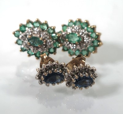 Lot 403 - A pair of yellow metal, emerald and diamond...