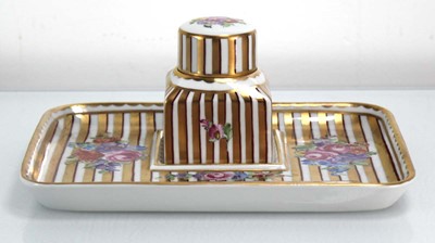 Lot 212 - A Dresden single bottle desk stand decorated...