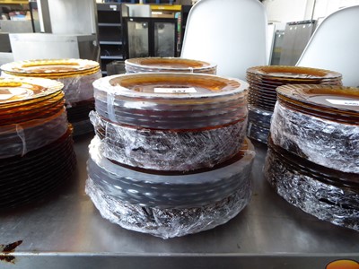 Lot 447 - Approx. 24 22cm Duralex amber glass plates,...