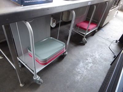 Lot 482 - 2 mobile trolleys with red and grey plastic...