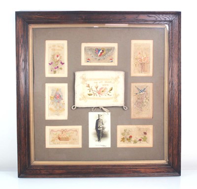 Lot 145 - A framed set of First World War sweetheart's...