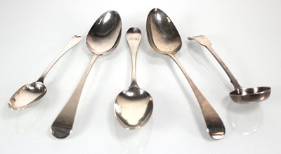 Lot 442 - Three Georgian silver table spoons, a dessert...