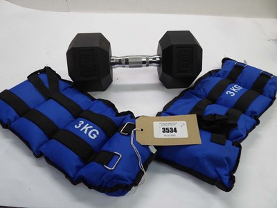 Lot 3343 - 15kg hand weight and 2 3kg leg weight straps