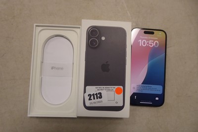 Lot 2113 - Apple iPhone 16 in black, 128GB, model no....