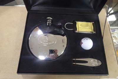 Lot 2371 - Dalvey golfing hip flask, golf ball, personal...