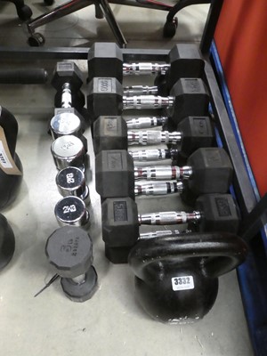 Lot 3332 - 6 pairs of hexagon dumbbells, plus 2 pairs of...