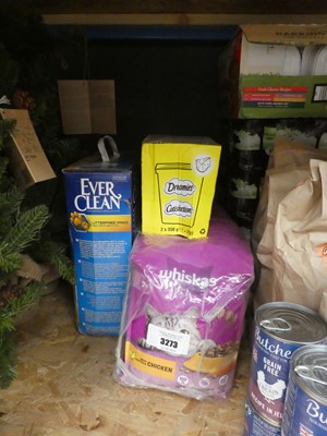Lot 3273 - Box of cat litter, box of Dreamies cat treats...