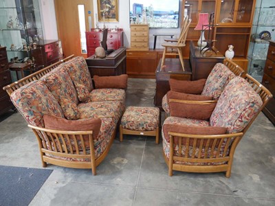 Lot 1113 - Mid-century wooden framed Ercol lounge suite...