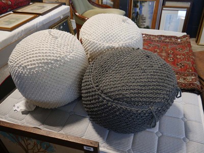 Lot 1157 - 3 crochet finish foot stools; 1 grey and 2 white