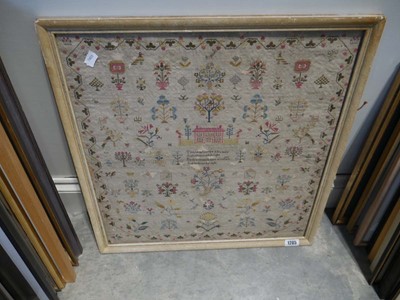 Lot 1205 - Framed needlework sampler, undated and bearing...