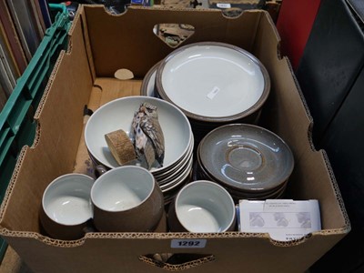 Lot 1292 - Crate containing Denby tableware and owl ornament