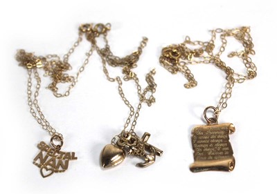 Lot 684 - Three 9ct yellow gold pendant necklaces...