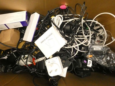 Lot 2433 - Box containing quantity of cables, leads and PSUs